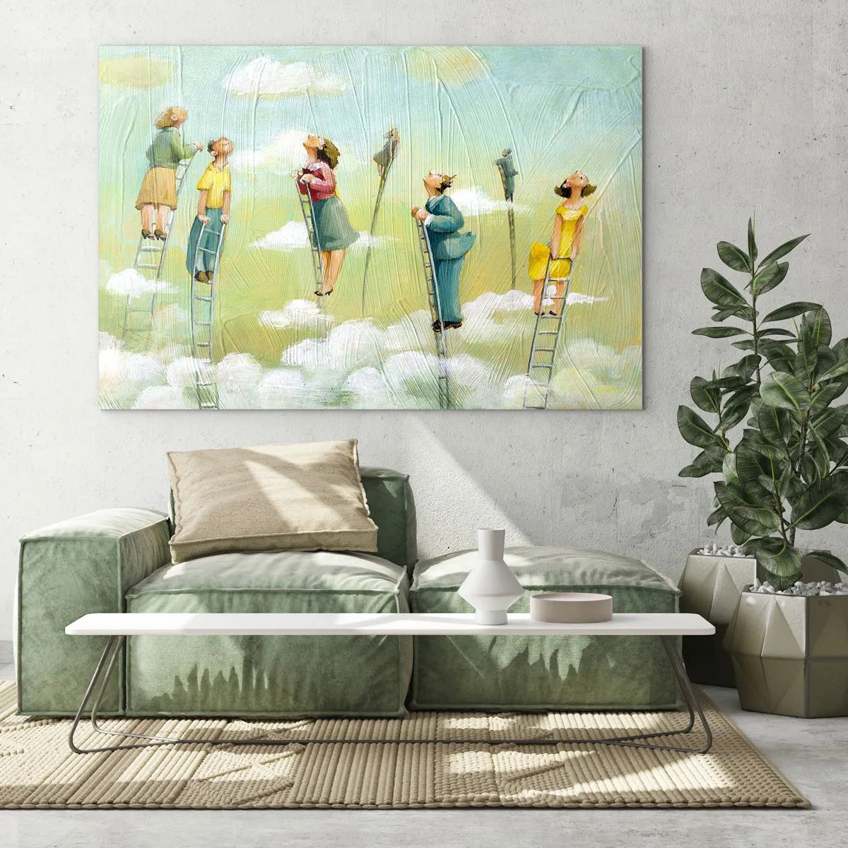 Üveg kép - Alakok másznak létrán a felhők között - 70x50cm - Az álmod mögött - Modern fali dekoráció nappalihoz és hálószobához ARTTOR