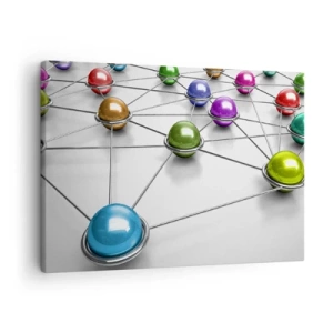 Vászonkép - Színes golyók, amelyeket vékony vonalak kötnek össze fehér alapon - 70x50cm - Kozmikus pókháló - Modern fali dekoráció nappalihoz és hálószobához ARTTOR
