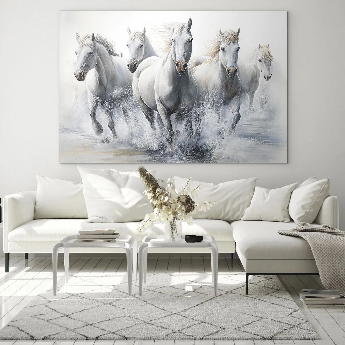 Üveg kép - Fehér lovak vágtatnak át a vízen dinamikus kompozícióban - 70x50cm - Fehér varázslat - Modern fali dekoráció nappalihoz és hálószobához ARTTOR