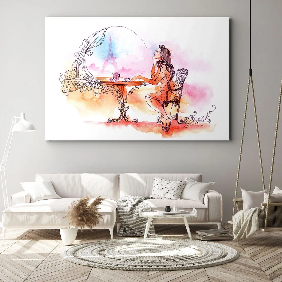 Vászonkép - Romantikus akvarell egy nőről egy toronyra néző kávézóban - 70x50cm - Párizsi sikk - Modern fali dekoráció nappalihoz és hálószobához ARTTOR