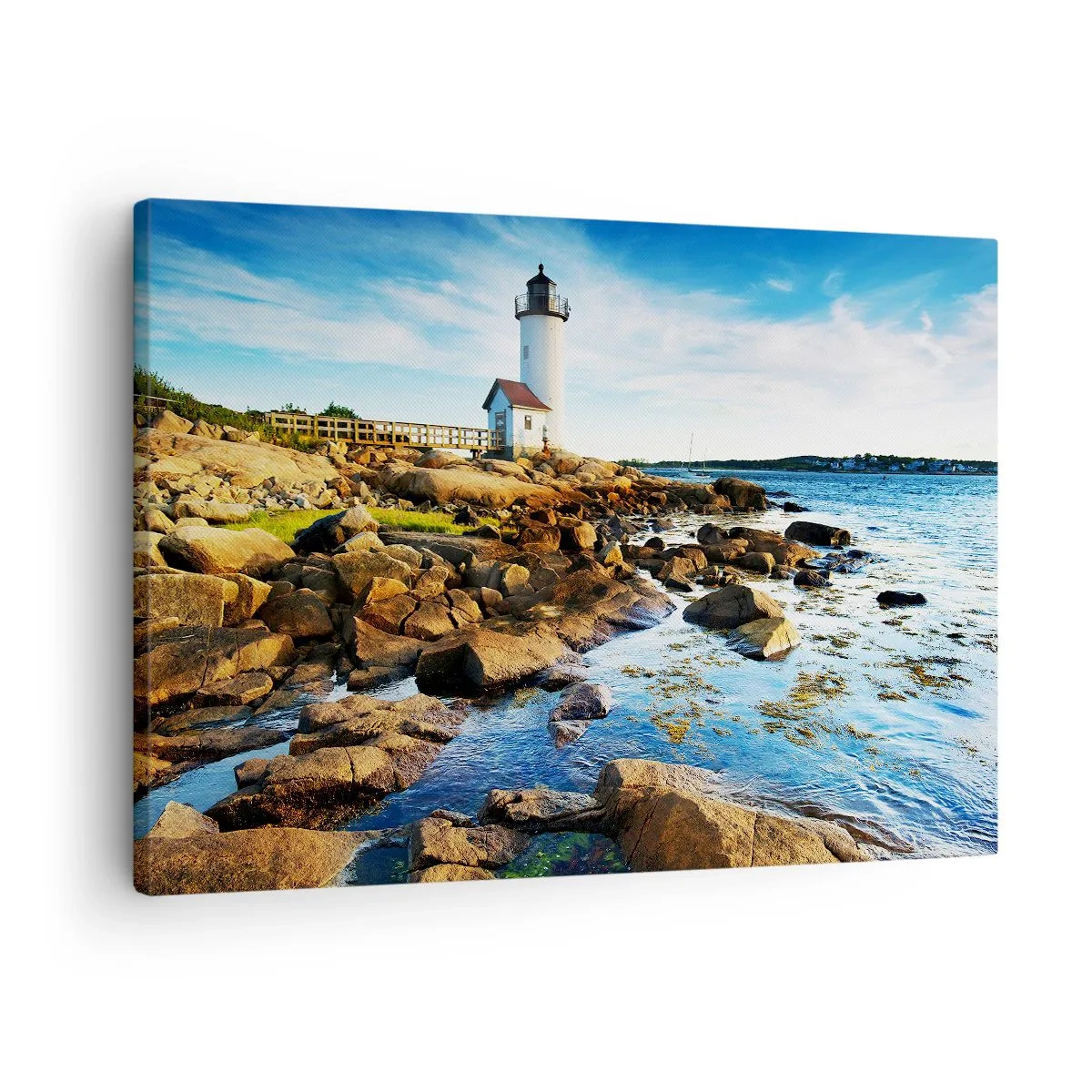 Vászonkép - Egy világítótorony egy sziklás parton egy napsütéses napon - 70x50cm - Gyertek vissza boldogan, várlak - Modern fali dekoráció nappalihoz és hálószobához ARTTOR