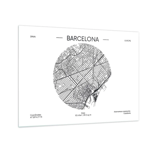 Üveg kép - Barcelona minimalista térképe fekete-fehér esztétikában - 70x50cm - Barcelona anatómiája - Modern fali dekoráció nappalihoz és hálószobához ARTTOR