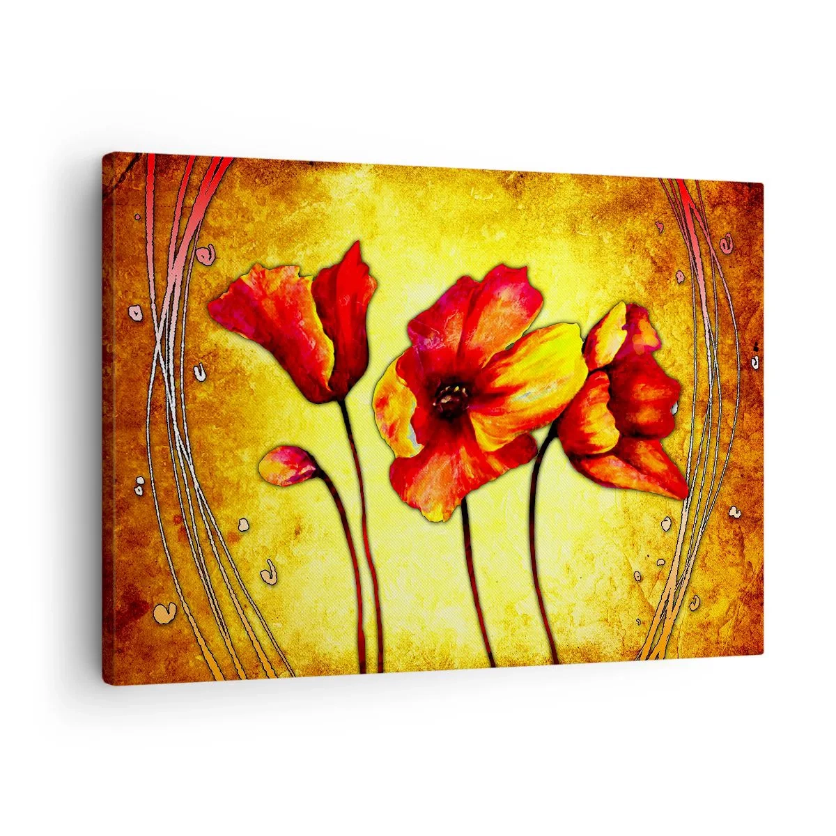 Vászonkép - Piros és sárga virágok arany alapon, dekoratív mintákkal - 70x50cm - Szecessziós díszítésben - Modern fali dekoráció nappalihoz és hálószobához ARTTOR