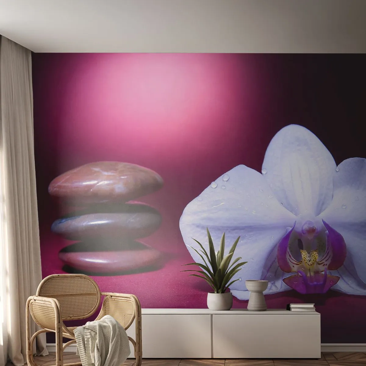 Öntapadós Fotótapéta Deluxe Sticker - A frissesség tanulmánya lilában - Virágok, Gyógyfürdő, Kövek - 200x140 cm