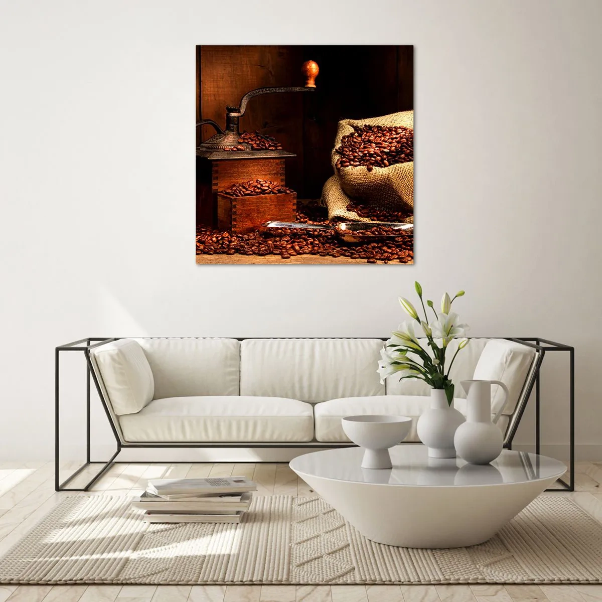 Üveg kép - Csendélet szemes kávéval és darálóval - 70x70 cm