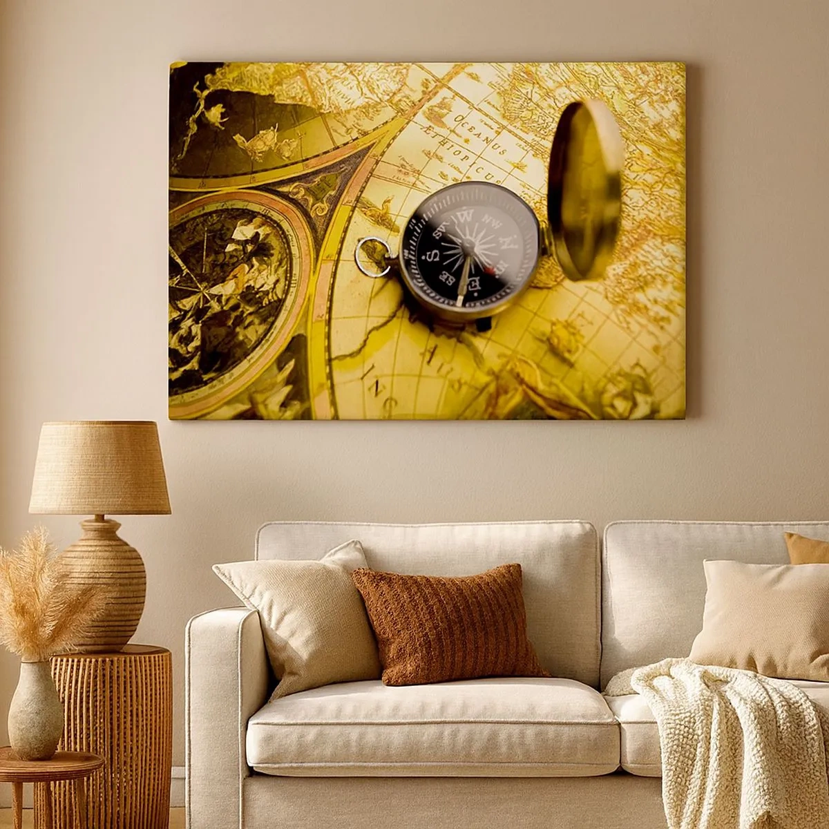 Vászonkép - Egy antik iránytű egy régi világtérkép hátterében - 70x50cm - Vagy talán a világ végére? - Modern fali dekoráció nappalihoz és hálószobához ARTTOR