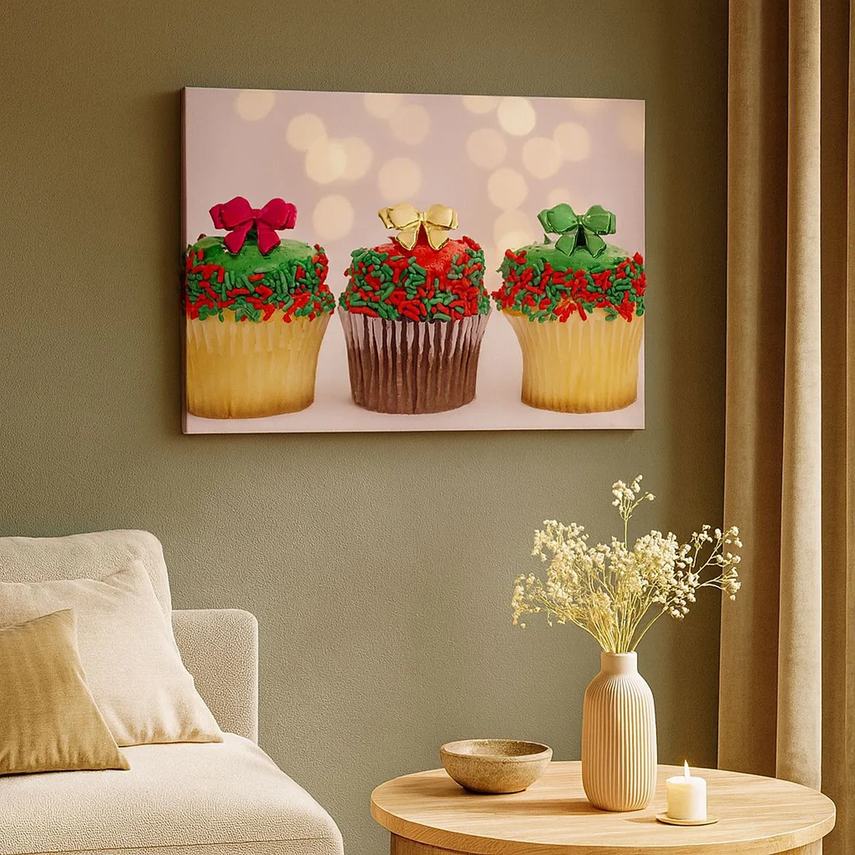Vászonkép - Karácsonyi cupcakes színes szórócukorral és masnikkal - 70x50cm - Édesség a kokárdáig - Modern fali dekoráció nappalihoz és hálószobához ARTTOR