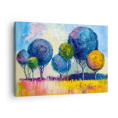 Vászonkép - Színes, gömb alakú fák a táj hátterében - 70x50cm - Gömb - az ideális alak - Modern fali dekoráció nappalihoz és hálószobához ARTTOR