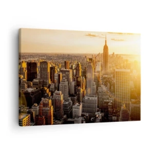 Vászonkép - New York városának látképe naplementekor, kilátással az Empire State Buildingre - 70x50cm - Növekedni a napon - Modern fali dekoráció nappalihoz és hálószobához ARTTOR