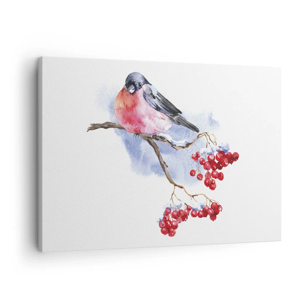 Vászonkép - Madár egy ágon, piros gyümölccsel az akvarell háttérben - 70x50cm - Téli színben - Modern fali dekoráció nappalihoz és hálószobához ARTTOR