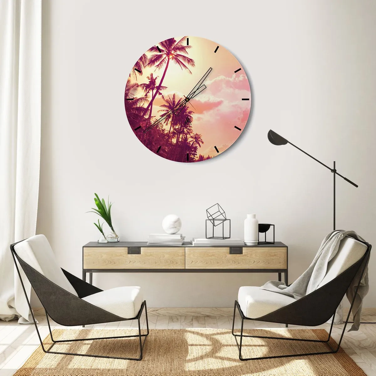Falióra, Óra - Pálmafák az ég ellen naplementekor - 30x30cm - Választanod kell - Modern fali dekoráció nappalihoz, konyhához és hálószobához ARTTOR