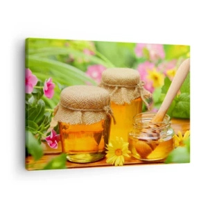 Vászonkép - Mézesüvegek virágokkal a nyári kert hátterében - 70x50cm - Édes és virágos - Modern fali dekoráció nappalihoz és hálószobához ARTTOR