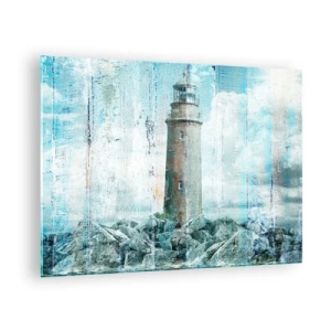Üveg kép - Vintage világítótorony felhőkkel a háttérben - 70x50cm - Régi fán - Modern fali dekoráció nappalihoz és hálószobához ARTTOR