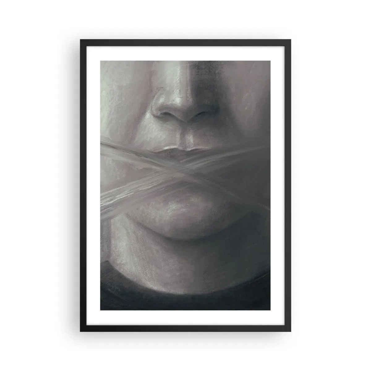 Poszter fehér keretben - Egy szimbolikus arc, monokróm színekkel eltakart szájjal. - 50x70cm - Szó nélkül - Modern fali dekoráció nappalihoz és hálószobához ARTTOR