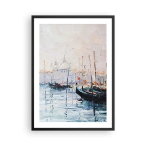 Poszter fehér keretben - Velence impresszionista festői stílusú gondolákkal - 50x70cm - A víz mögött, a köd mögött - Modern fali dekoráció nappalihoz és hálószobához ARTTOR