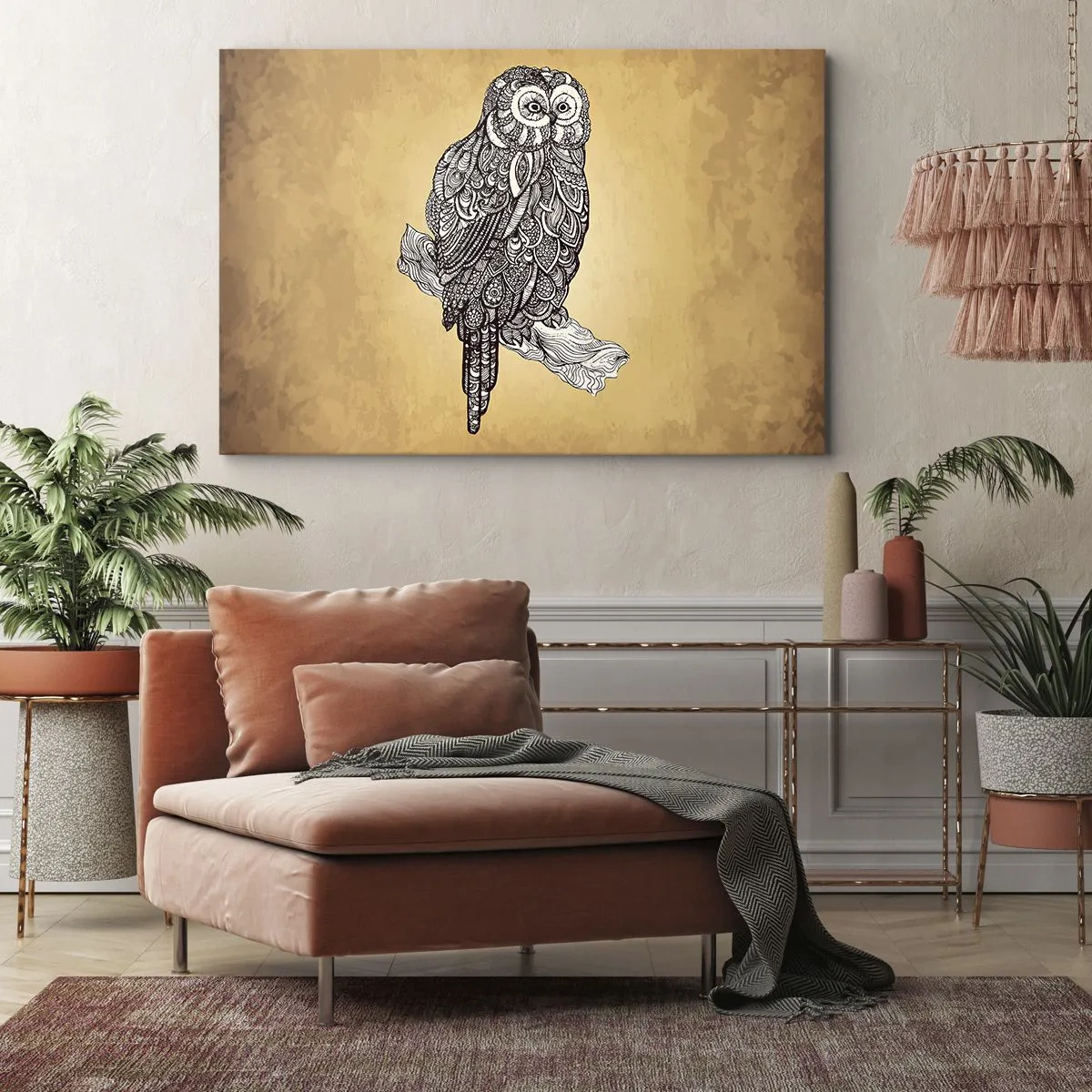 Vászonkép - Egy bagoly díszes stílusban bézs alapon - 70x50cm - A bölcsesség bonyolult díszei - Modern fali dekoráció nappalihoz és hálószobához ARTTOR