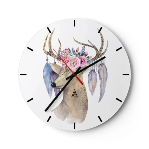 Falióra, Óra - Szarvas művészi rajza virágokkal az agancsán és a tollain - 30x30cm - Lélekvezető – szelíd, ártatlan - Modern fali dekoráció nappalihoz, konyhához és hálószobához ARTTOR