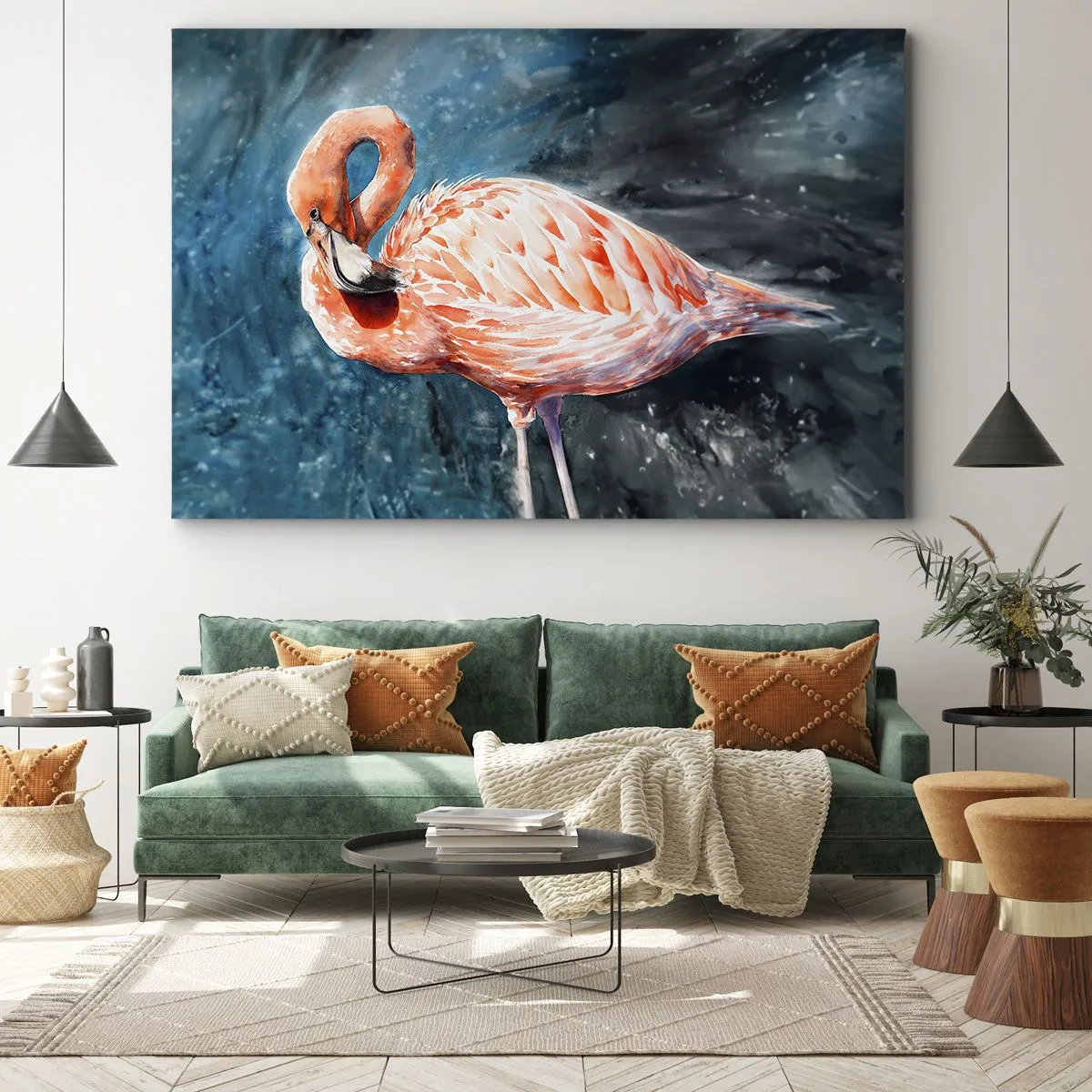 Vászonkép - Rózsaszín flamingó akvarell kék alapon - 70x50cm - Természetesen dekoratív - Modern fali dekoráció nappalihoz és hálószobához ARTTOR