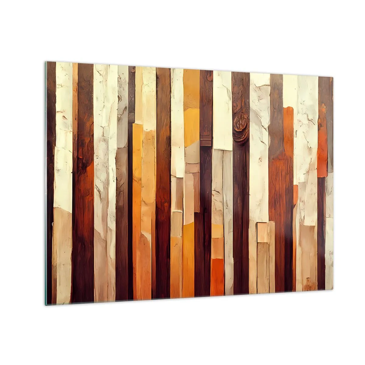 Üveg kép - Függőleges csíkok kompozíciója fa és bézs árnyalatokban - 70x50cm - Az erdei fák himnusza - Modern fali dekoráció nappalihoz és hálószobához ARTTOR