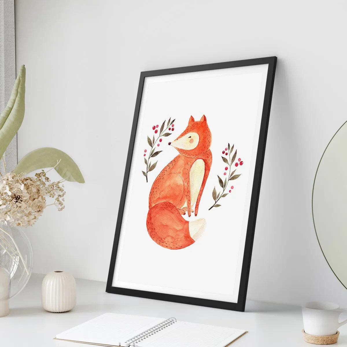 Poszter fehér keretben - Ábrán látható egy róka, amelyet ágak és piros gyümölcsök vesznek körül - 50x70cm - Kis vörös hajú - Modern fali dekoráció nappalihoz és hálószobához ARTTOR