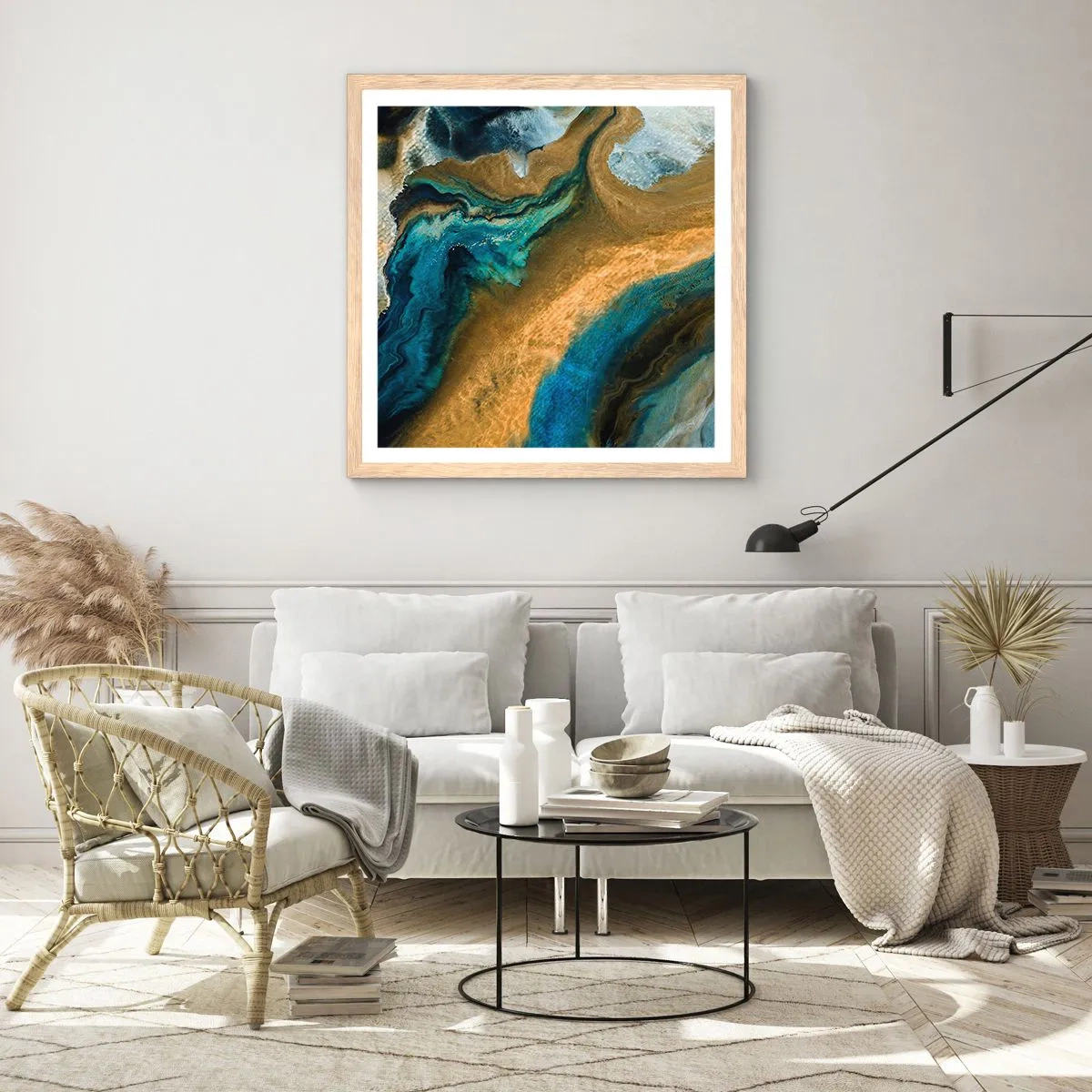 Poszter világos tölgy keretben - Kék - sárga - kölcsönös hatások - 60x60 cm