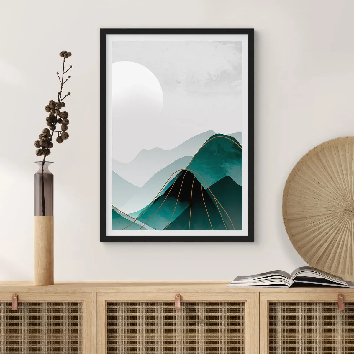 Poszter fehér keretben - Absztrakt hegyek zöld árnyalatokban, finom arannyal - 50x70cm - Teljes fenségben - Modern fali dekoráció nappalihoz és hálószobához ARTTOR