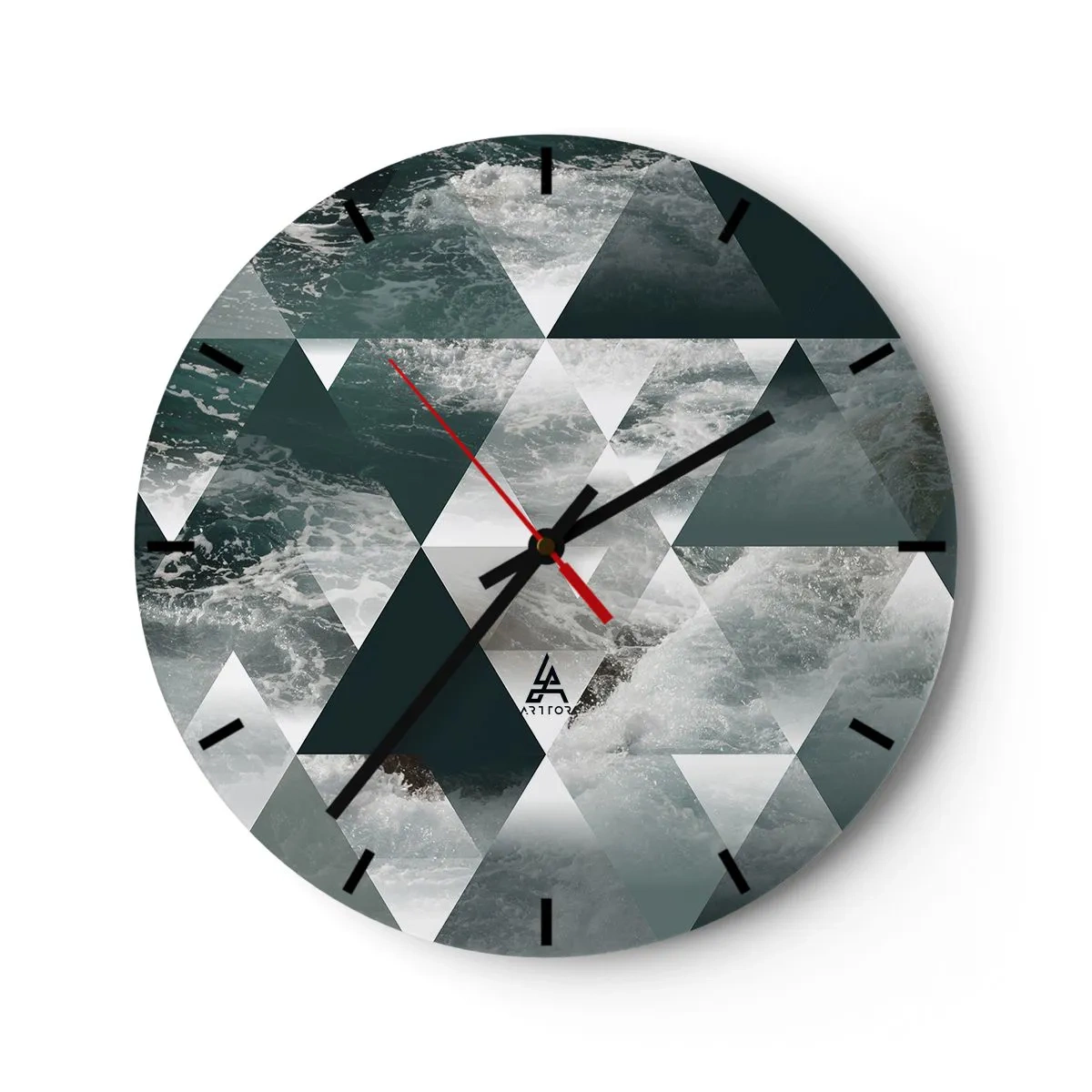 Falióra, Óra - Geometrikus háromszögek viharos óceán motívummal - 30x30cm - Kristály perspektíva - Modern fali dekoráció nappalihoz, konyhához és hálószobához ARTTOR