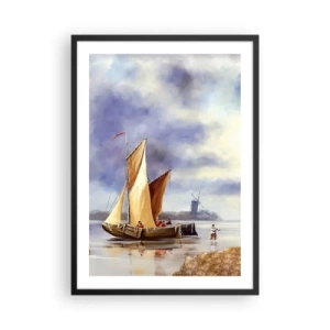 Poszter fehér keretben - Egy vitorlás hajó a parton, egy szélmalom a háttérben - 50x70cm - A tengerészek visszatérése - Modern fali dekoráció nappalihoz és hálószobához ARTTOR