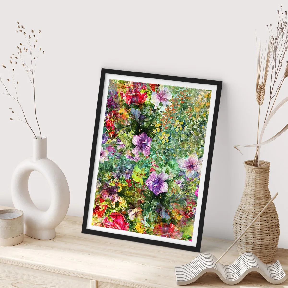 Poszter fehér keretben - Színes virágkompozíció - 50x70cm - Virágokban a vesztünk - Modern fali dekoráció nappalihoz és hálószobához ARTTOR