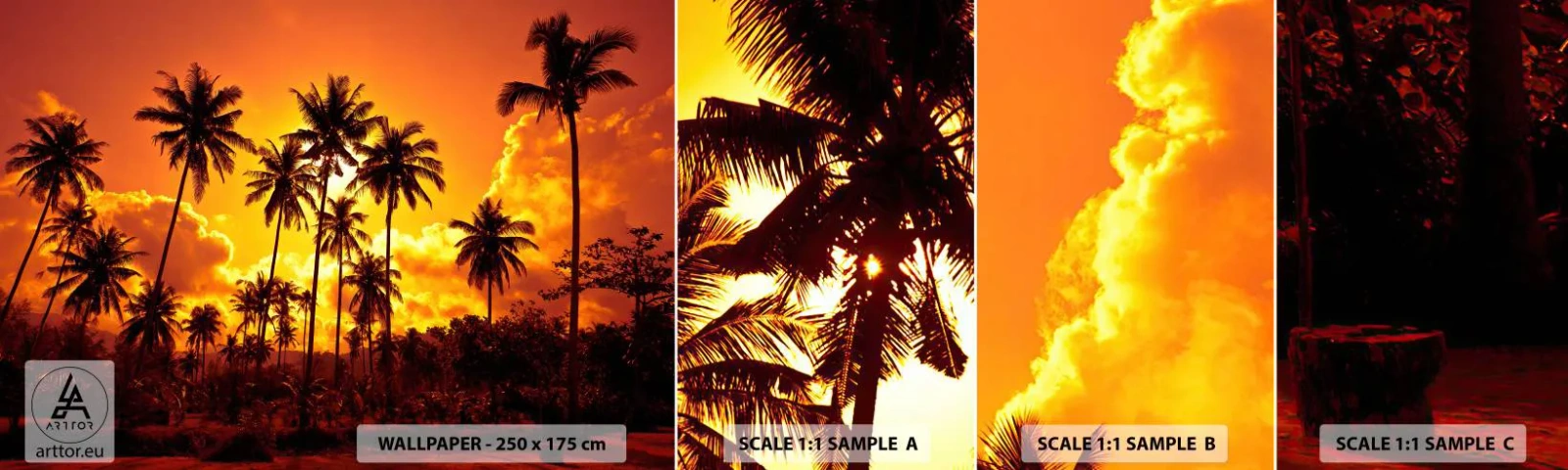 Fotótapéta Minta Standard Eco - Égnek a hegyek, égnek az erdők - pálmafák, Trópusok, Nap - 100x30 cm