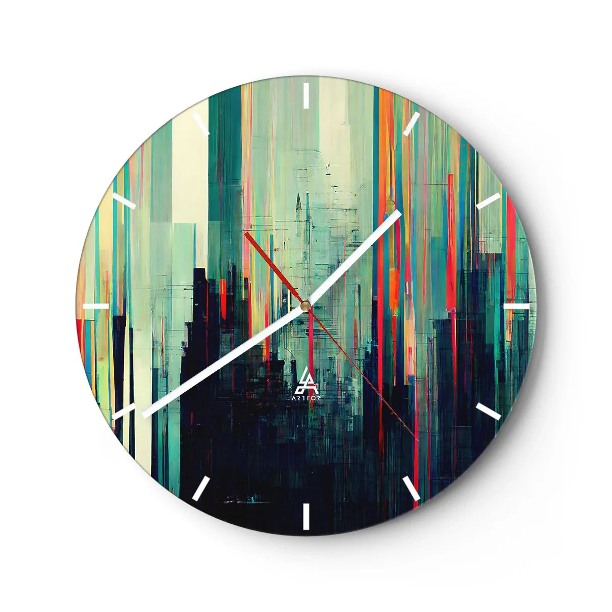 Falióra, Óra - Egy színes absztrakció függőleges vonalakkal, amelyek egy városra emlékeztetnek - 30x30cm - Futurisztikus város - Modern fali dekoráció nappalihoz, konyhához és hálószobához ARTTOR