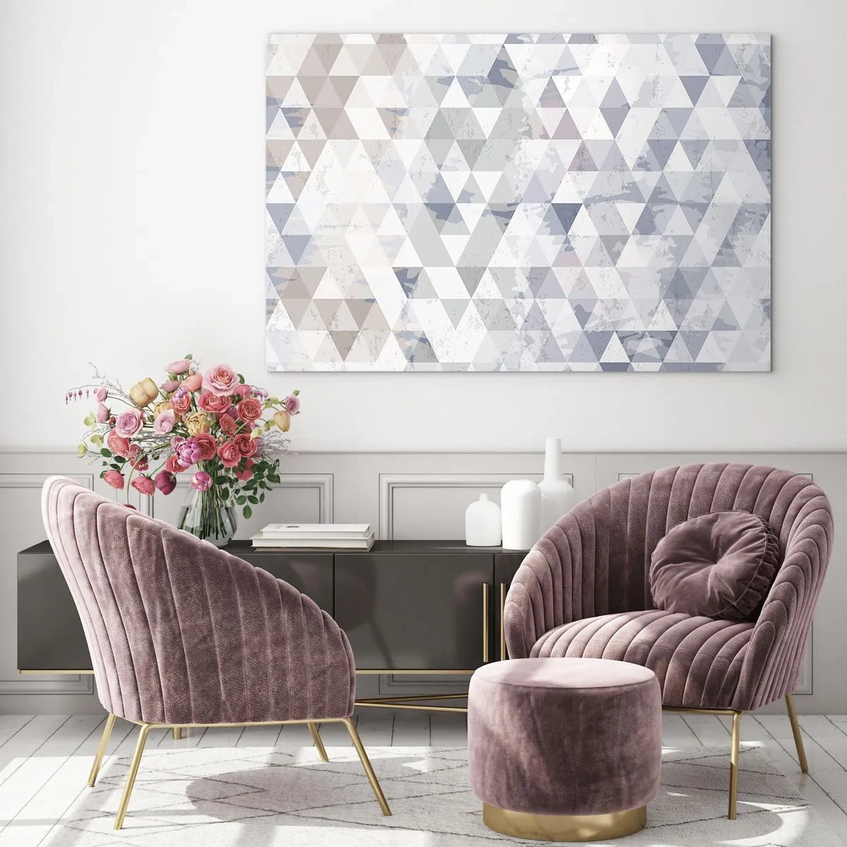 Üveg kép - Geometrikus háromszögminta semleges szürke és bézs árnyalatokban - 70x50cm - Hármas ritmusban - Modern fali dekoráció nappalihoz és hálószobához ARTTOR