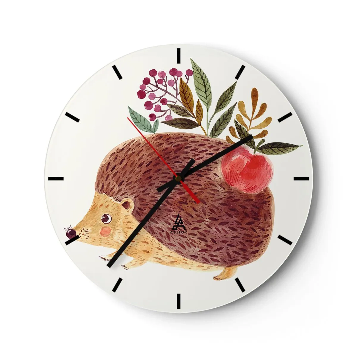 Falióra, Óra - Sün almával és gallyakkal világos háttér előtt - 30x30cm - És máris kedvelsz engem - Modern fali dekoráció nappalihoz, konyhához és hálószobához ARTTOR