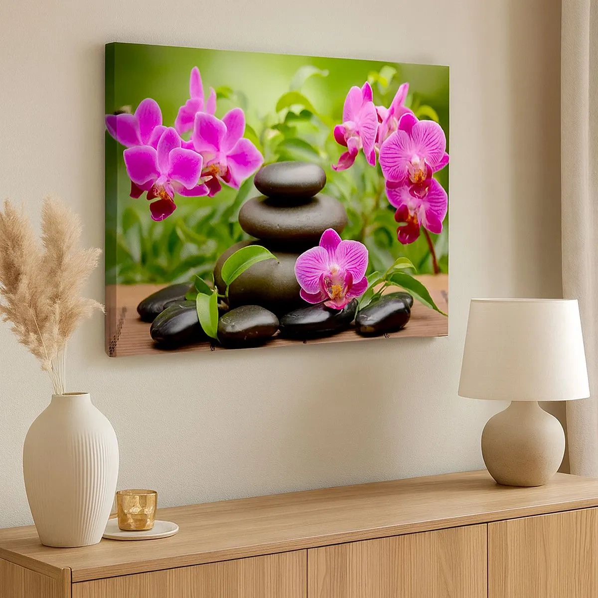 Vászonkép - Rózsaszín orchideák kövekkel zöld alapon - 70x50cm - A béke piramisa - Modern fali dekoráció nappalihoz és hálószobához ARTTOR