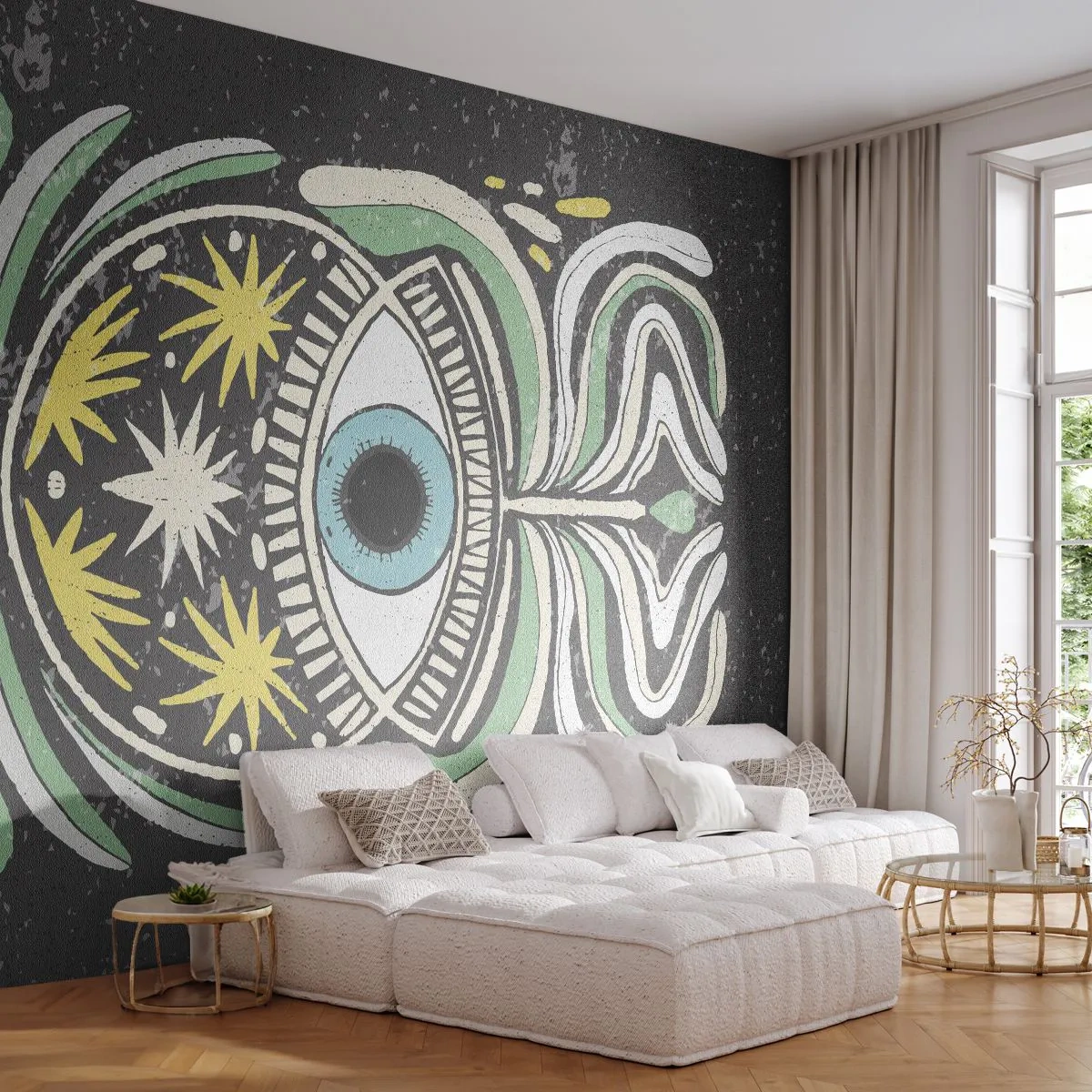 Fotótapéta Standard Eco - Szimbolikus törzsi szem sötét háttér előtt - 100x70cm - Törzsi rituálék - Modern fali dekoráció nappalihoz és hálószobához ARTTOR