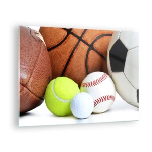 Üveg kép - Egy sor sportlabdák fehér alapon - 70x50cm - A futball összeköt minket! - Modern fali dekoráció nappalihoz és hálószobához ARTTOR