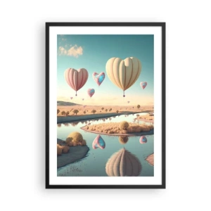 Poszter fehér keretben - Szív alakú lufik lebegnek a táj felett - 50x70cm - A szerelem szárnyalni hagy - Modern fali dekoráció nappalihoz és hálószobához ARTTOR