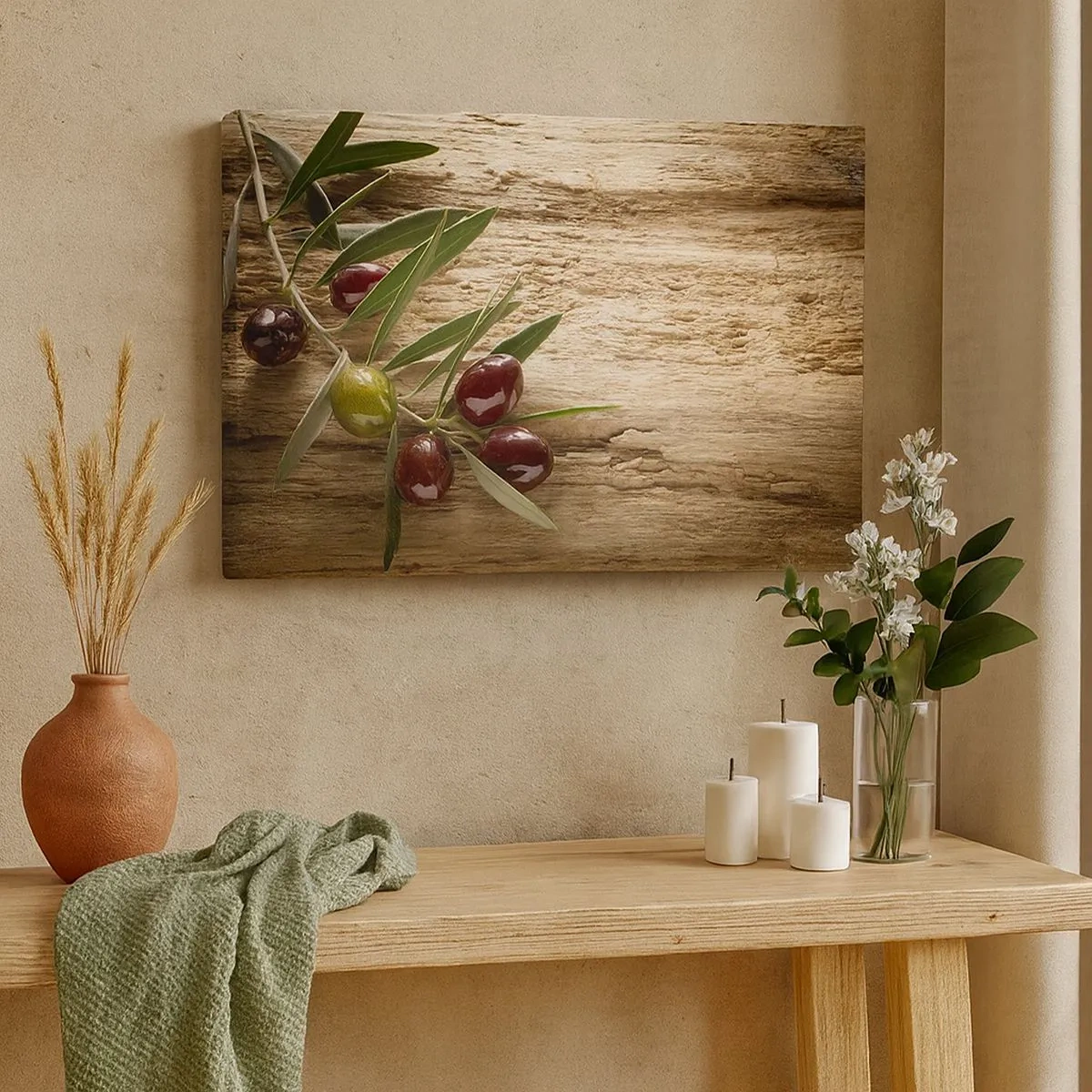 Vászonkép - Olajág gyümölccsel, öregített fa háttéren - 70x50cm - Egyenesen a természetből - Modern fali dekoráció nappalihoz és hálószobához ARTTOR