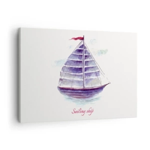 Vászonkép - Egy vitorláshajót ábrázoló akvarellfestmény a vízen, finom felirattal - 70x50cm - Teli vitorlákat és nyugodt vizet - Modern fali dekoráció nappalihoz és hálószobához ARTTOR