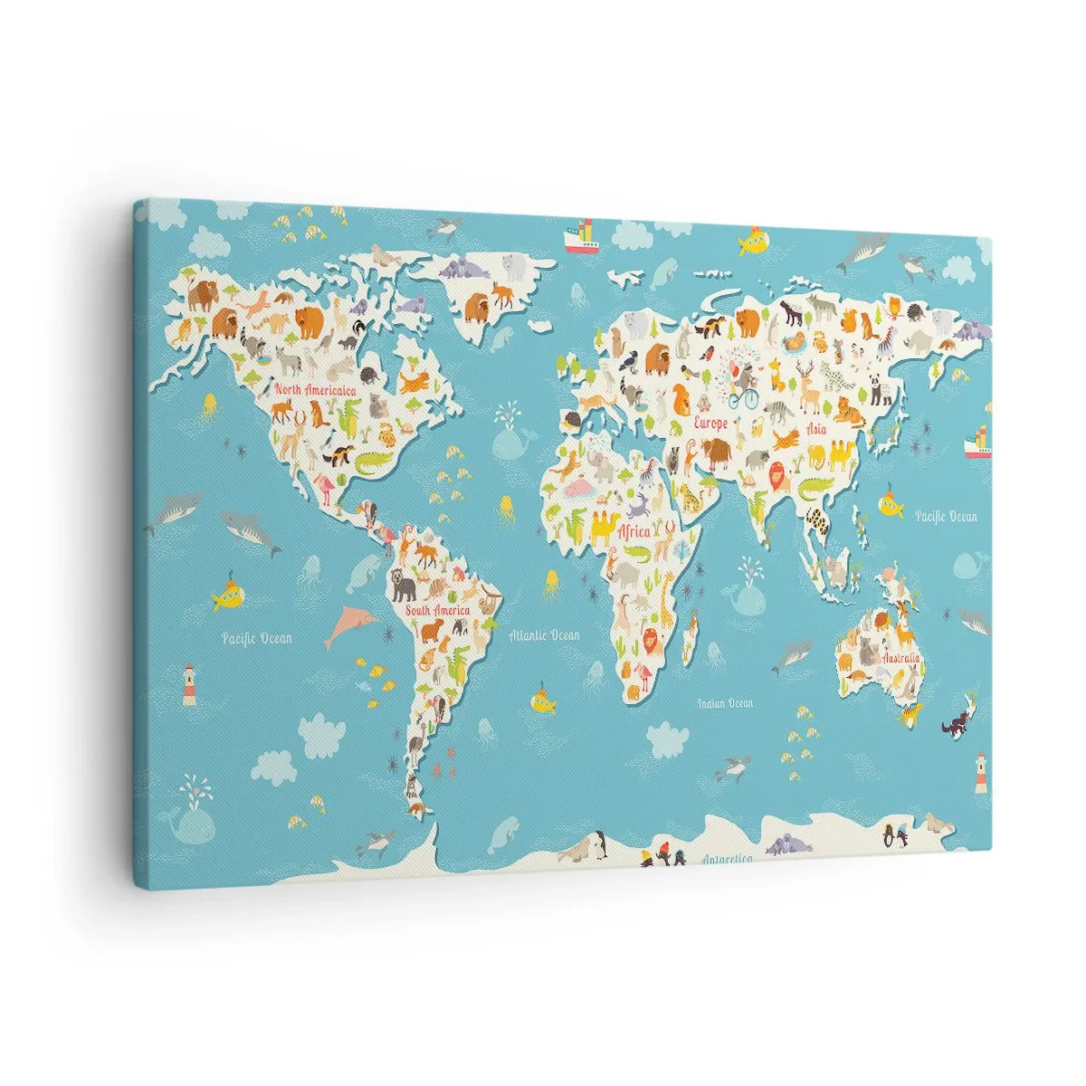 Vászonkép - Színes világtérkép állatos illusztrációkkal - 70x50cm - Szeretjük az egész világot - Modern fali dekoráció nappalihoz és hálószobához ARTTOR