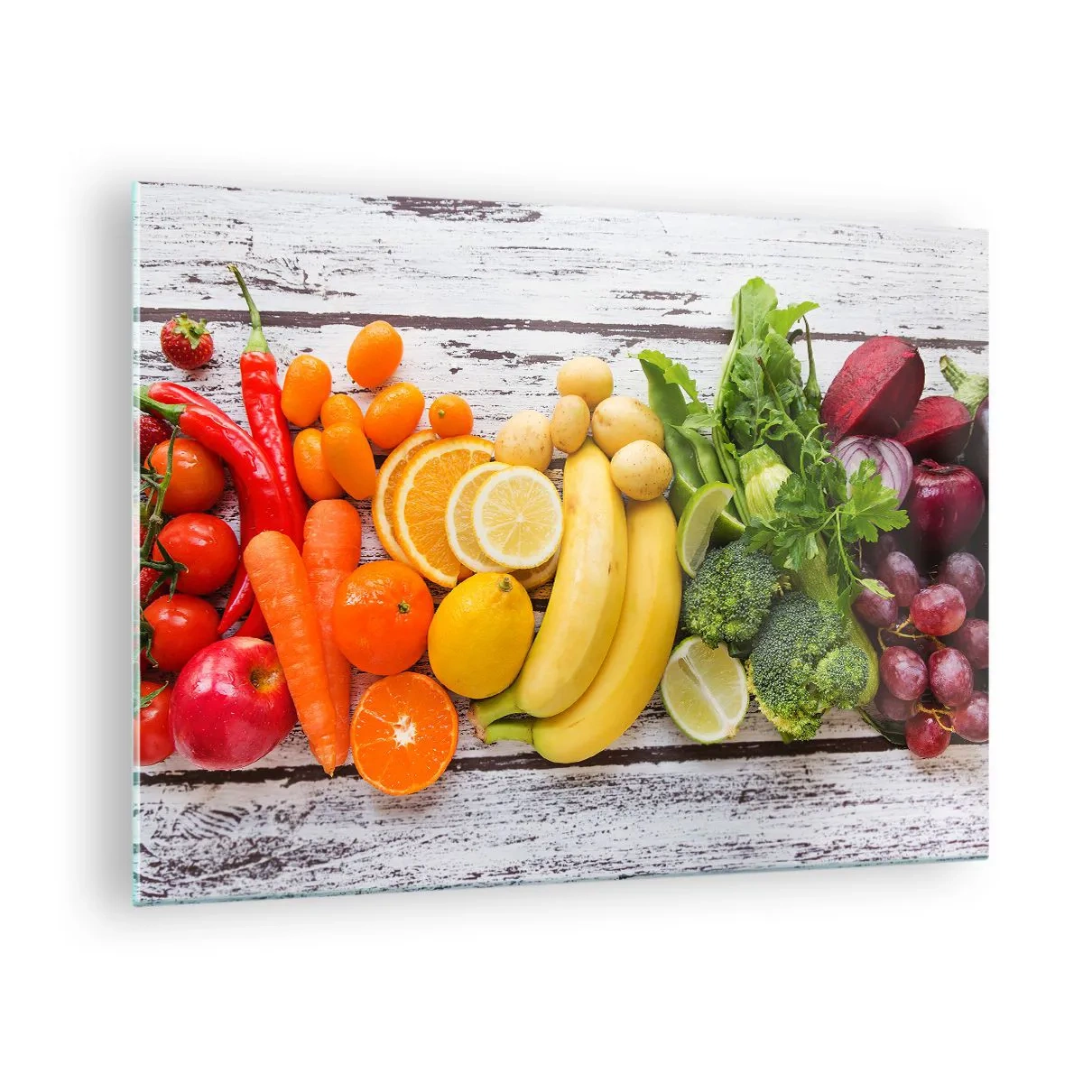 Üveg kép - Színes gyümölcsök és zöldségek elrendezve egy fából készült asztalon - 70x50cm - Ez nem elég? - Modern fali dekoráció nappalihoz és hálószobához ARTTOR