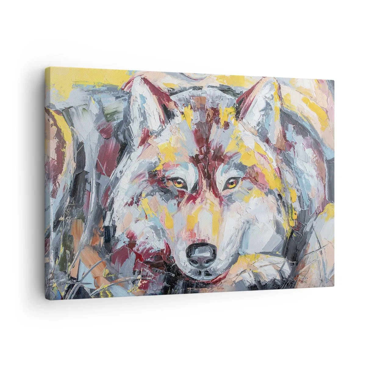 Vászonkép - Művészi portré egy farkasról intenzív színekben - 70x50cm - Nyugalom a szeretteink között - Modern fali dekoráció nappalihoz és hálószobához ARTTOR