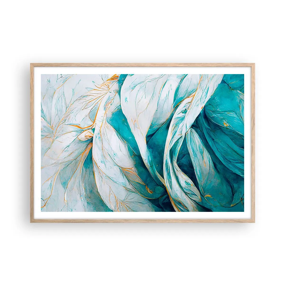 Poszter világos tölgy keretben - Kék absztrakció arany motívummal - 100x70 cm