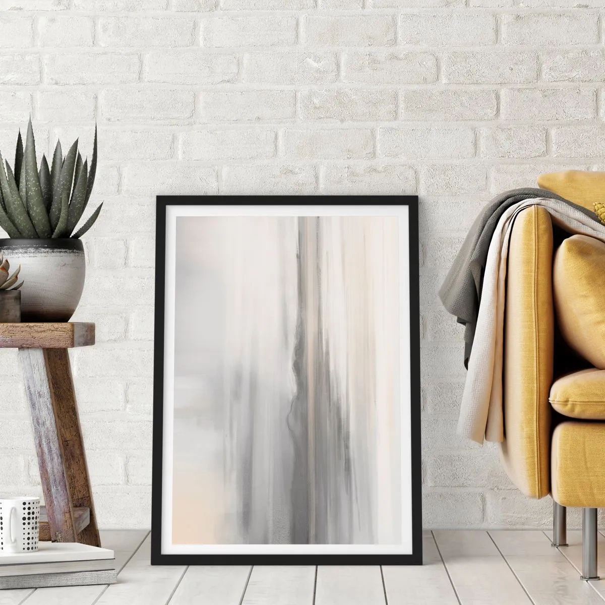 Poszter fehér keretben - Finom függőleges csíkok szürke és bézs árnyalatokban - 50x70cm - Gondolkodó távolság - Modern fali dekoráció nappalihoz és hálószobához ARTTOR