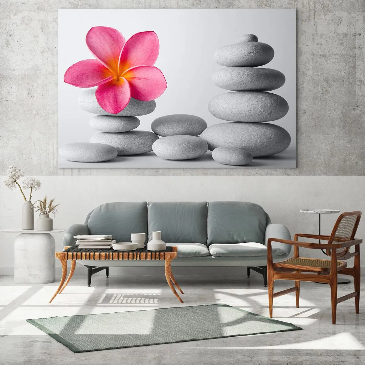 Üveg kép - Egy rózsaszín virág egy halom fehér kövek hátterében - 70x50cm - Kő a kövön, és ezen a kövön... - Modern fali dekoráció nappalihoz és hálószobához ARTTOR