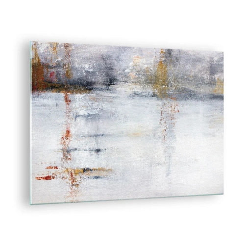 Üveg kép - Egy absztrakt festmény, amely a szürke, fehér és arany színek finom kombinációját mutatja be. - 70x50cm - A légfüggöny mögött - Modern fali dekoráció nappalihoz és hálószobához ARTTOR