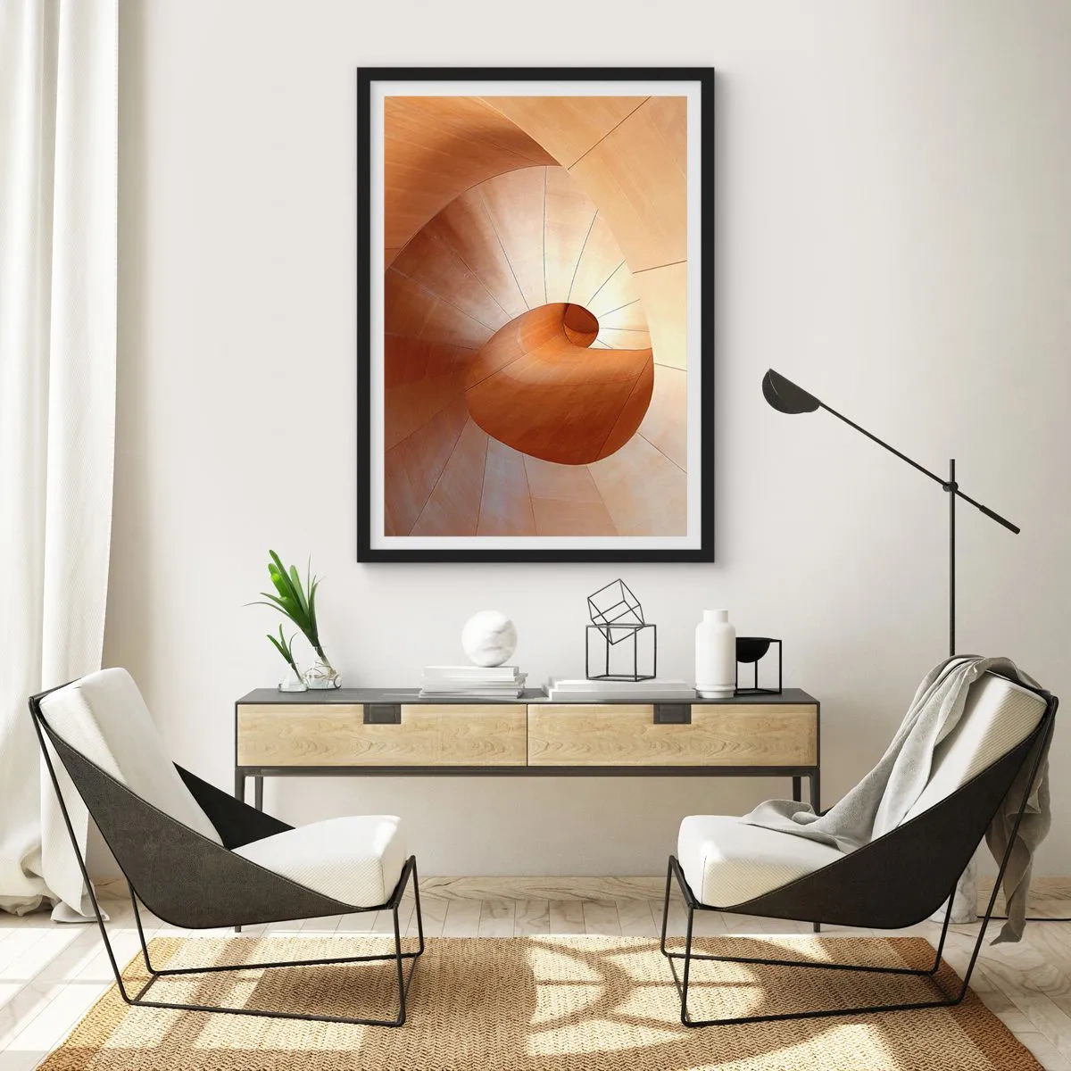 Poszter fehér keretben - Arany árnyalatú fa spirálszerkezet - 50x70cm - Építészeti szerpentin - Modern fali dekoráció nappalihoz és hálószobához ARTTOR