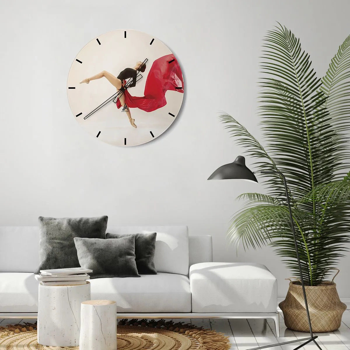 Falióra, Óra - Egy táncos dinamikus pózban, piros anyaggal - 30x30cm - Piros és fekete - Modern fali dekoráció nappalihoz, konyhához és hálószobához ARTTOR