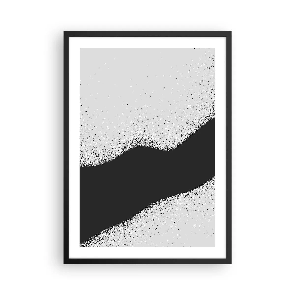 Poszter fehér keretben - Minimalista hullámforma fekete és szürke színben, szemcsés hatással - 50x70cm - Folyékony egyensúly - Modern fali dekoráció nappalihoz és hálószobához ARTTOR