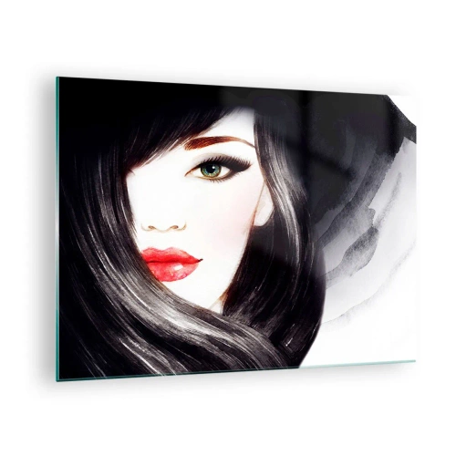 Üveg kép - Fekete hajú és kifejező vörös ajkakú nő portréja - 70x50cm - Zafír tekintet - Modern fali dekoráció nappalihoz és hálószobához ARTTOR